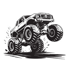 monochrome monster truck vector graphic in mid air performing stunt with heavy offroad wheels and engine © AIcon Star