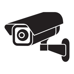 simple black white security vector icon showing wall bracket mounted surveillance camera for monitoring video record