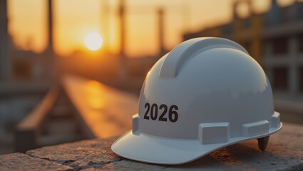 A close-up shot of a construction helmet with the number 2026 prominently displayed, with a blurred construction site at sunset in the background. Capturing concept of future, planning.