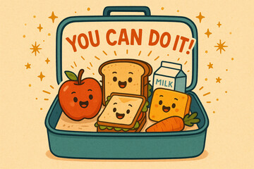 A charming cartoon-style illustration of a lunchbox filled with smiling food items, including sandwiches, an apple, cheese, a carrot, and a milk carton. Above them, the words "YOU CAN DO IT!" appear