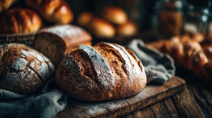 Artisan Breads: Rustic Crusts and Golden-Brown Loaves on Wooden Board