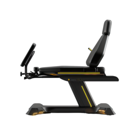 Dark, futuristic gaming chair, profile view, black and yellow accents