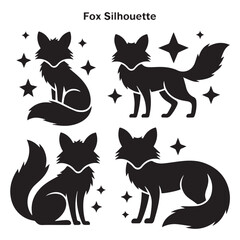 minimalist fox silhouette collection of four animal shapes in different poses with decorative star accents for design