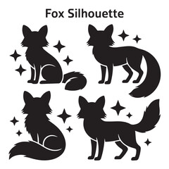 set of four black fox silhouette vector designs with star elements ideal for wildlife and nature projects