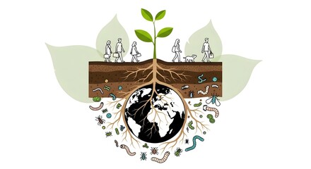 World Soil Day Earth's living ecosystem, showing a plant rooted in the planet, supported by a rich soil microbiome and biodiversity.