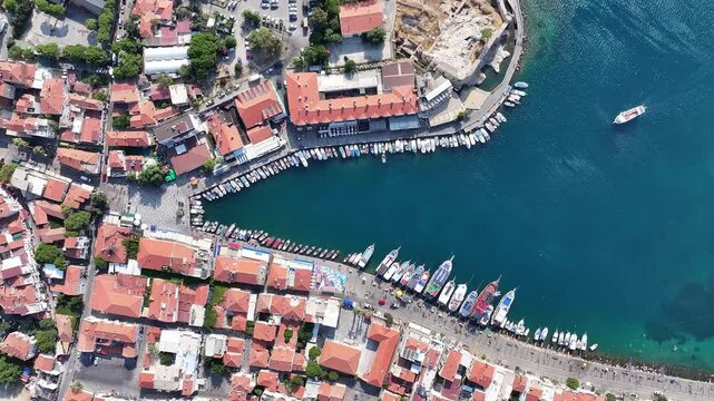 Izmir Foca drone shooting - 4k drone shooting of the cute Aegean village and Izmir fishing town Fo&ccedil;a