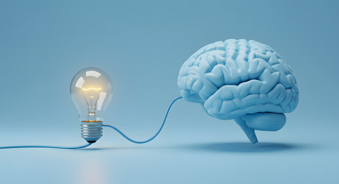 Brain connected to an illuminated light bulb - Powered by Adobe