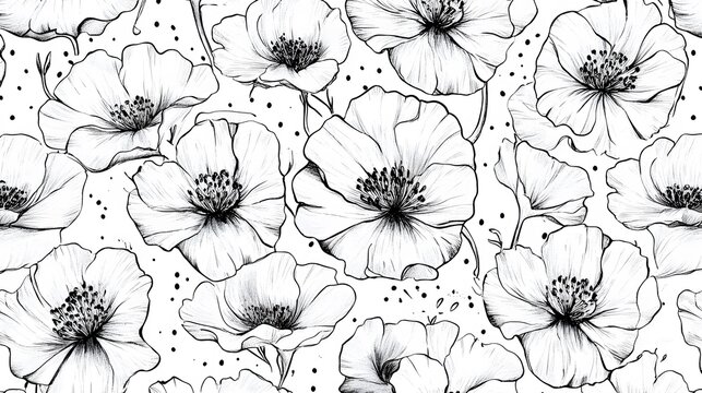 Elegant Monochrome Poppy Flower Seamless Pattern - Powered by Adobe