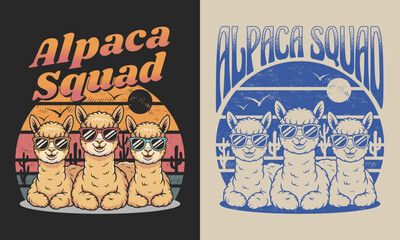 Funny Alpaca Squad With Sunglasses Retro Vintage T Shirt Design