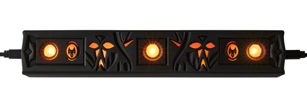Black LED strip with repeating carved monster faces and glowing orange LEDs