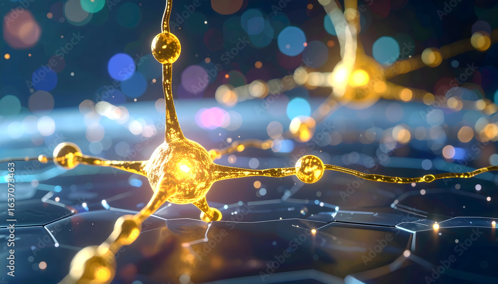 Poster 3d rendering of neurons transmitting signals in the brain neural network