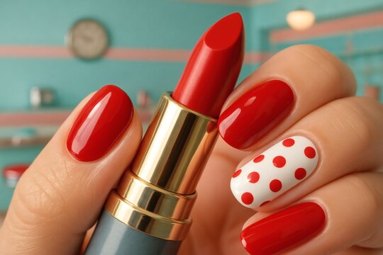 Red lipstick and matching nail polish, with one polka-dot nail.