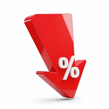 Downward Trend in Finance: A vibrant red arrow with a white percent symbol pointing downwards, highlighting the concept of decrease or financial downturn, in a dynamic 3D rendering.