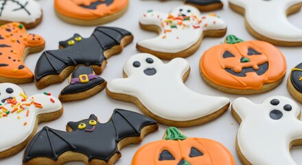A close up of various halloween themed cookies including ghosts bats pumpkins and a witch hat on white
