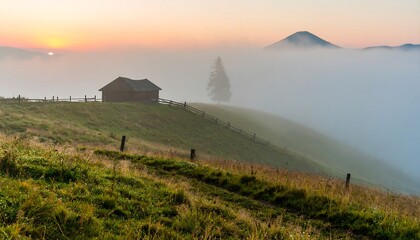 Misty mountain sunrise over a rustic wooden cabin