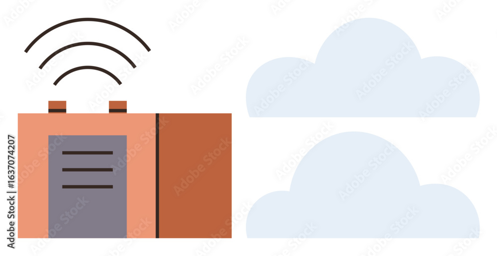Poster abstract building with wireless signal emitting from rooftop and two light blue clouds. ideal for te