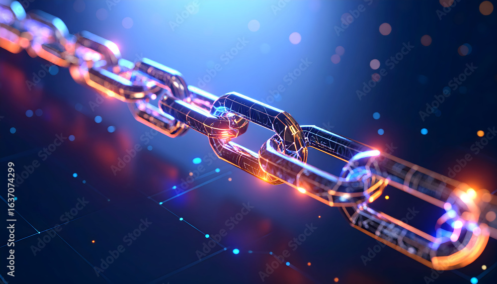 Poster blockchain technology concept: a 3d rendered metallic chain representing secure connections