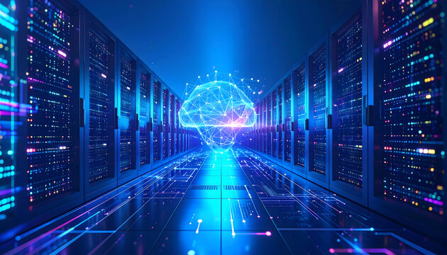 Artificial intelligence brain connecting through server rooms for data processing