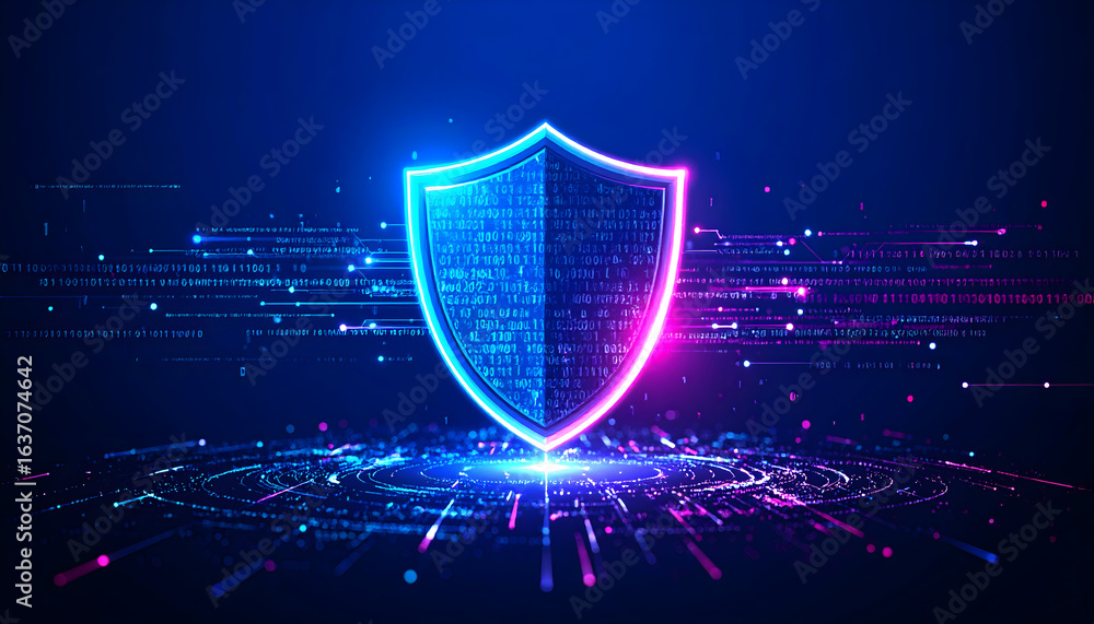 Poster cybersecurity shield protecting digital data and network in vibrant colors