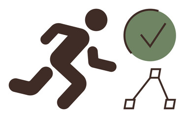 Running person with clock and checkmark signifying time efficiency and goal achievement interconnected by flowchart. Ideal for time management, productivity, planning, success, workflow, goal