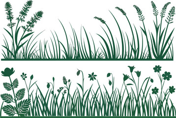 Green silhouette of wild grasses and flowers border