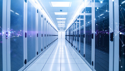 Data center server room with network connections and data processing infrastructure