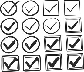 Hand drawn checkmarks in circles and squares collection