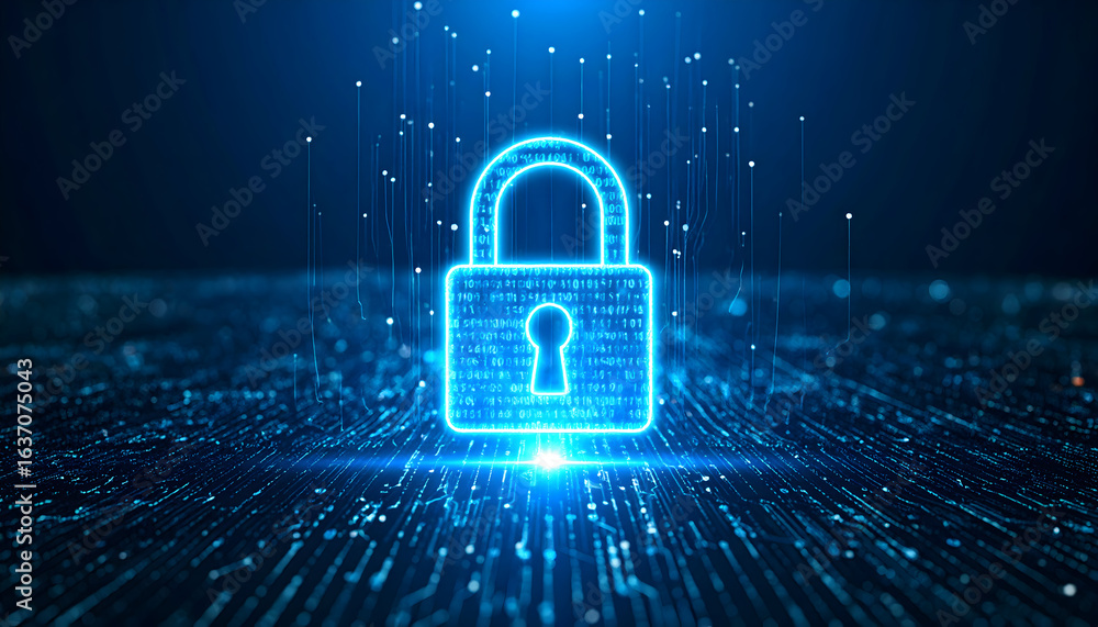 Poster digital data protection concept showing a glowing padlock on a circuit board