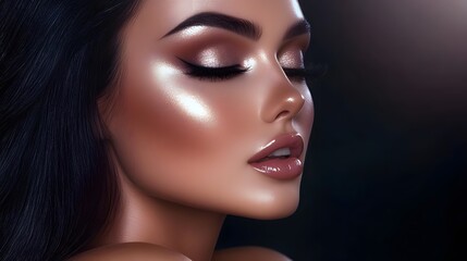 Stunning Woman with Glamorous Makeup and Long Black Hair