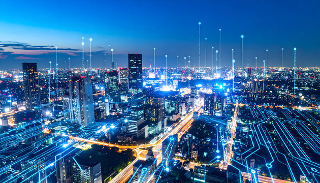 Digital city at night: Futuristic cityscape with data streams and network connections