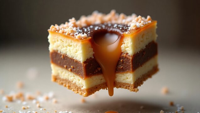 A levitating square of layered dessert with a chocolate center, topped with crumbs and oozing delicious caramel.