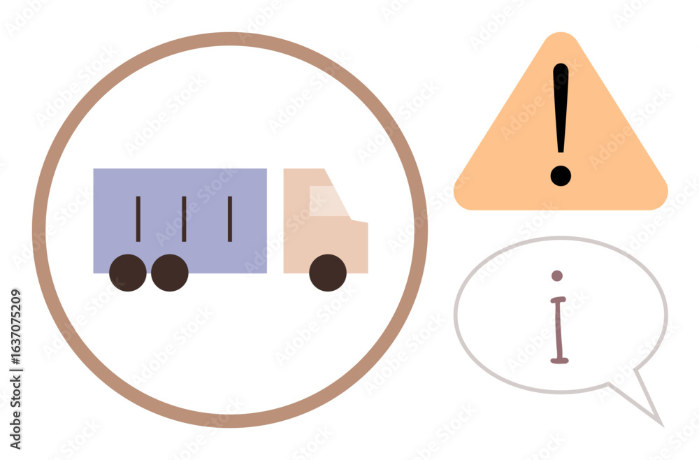 Poster freight truck within a circle, alert triangle with exclamation mark, and speech bubble with informat