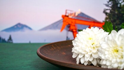 White chrysanthemums on a rustic plate, mountain backdrop