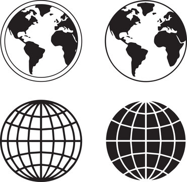 black and white earth globe vector icons showing europe africa asia silhouettes and thick grid minimalist illustration