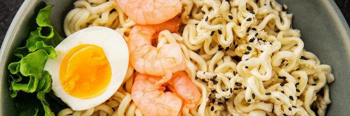 Noodles  shrimp and vegetables tasty seafood snack fresh delicious gourmet food background on the table rustic food top view copy space vegetarian food