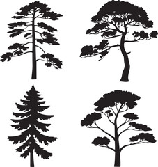 vector trees silhouette set four varied species outline black isolated for nature branding packaging signage and artwork