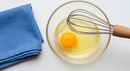 A single raw egg in a glass bowl with a metal whisk, next to a folded blue napkin, ready for cooking