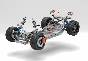 Electric Vehicle Chassis with Suspension and Motor Components Representing Automotive Engineering and Future Transportation Innovation for Sustainable Mobility Solutions