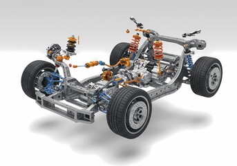 Car chassis engineering design showcasing suspension system and components on isolated background with a modern automotive engineering concept