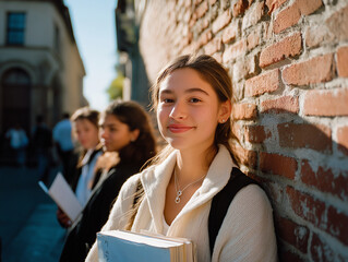 A smiling girl -teenage with a backpack, holding books against the background of a brick wall, is ideal for education, back to school campaigns and the content of a student lifestyle