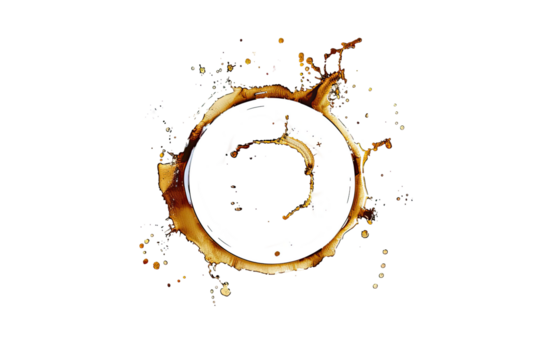 Coffee ring, splash art, abstract design.  A ring of liquid, possibly coffee, forms a circle, with outward splatter.  Dark background