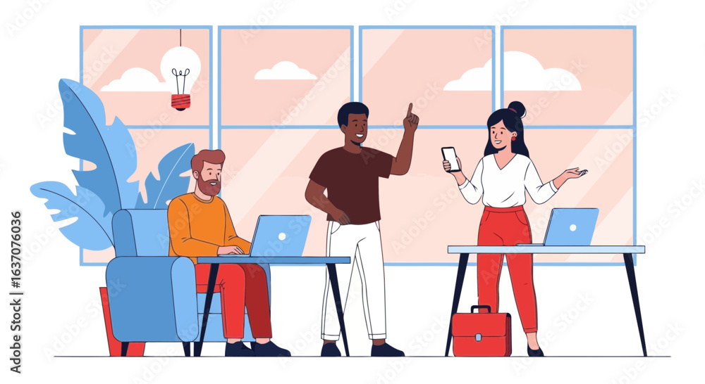 Poster vector art of a diverse team of professionals collaborating on a project in a modern office setting,