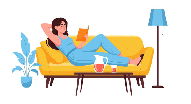 Vector art of young woman relaxing on a yellow couch, reading a book, with a plant and a lamp in a cozy living room, isolated on white background