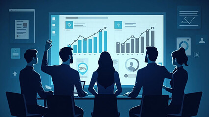 Team of five in dark room analyzing charts and graphs on large screen. Scene suggests business meeting or data presentation focused on performance metrics and collaboration