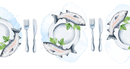 Horizontal watercolor border with fresh salmon fish, white plates and silver cutlery. Perfect for restaurant menus, culinary invitations, food packaging, and seafood-themed event designs.