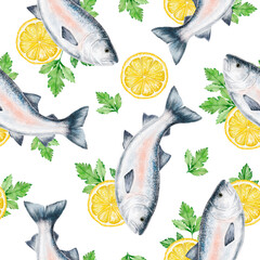 Seamless watercolor pattern with fresh salmon fish, lemon slices, and parsley on a white background. Perfect for seafood restaurant branding, menu design, packaging, textiles, and kitchen decor