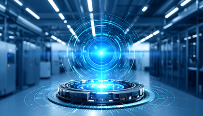 Futuristic Technology Concept with Holographic Display in a Server Room Environment