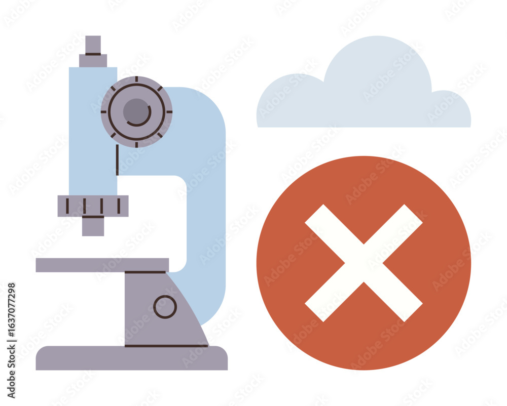 Poster microscope, red circle with cross, and cloud indicating error, rejection, or failed research outcome