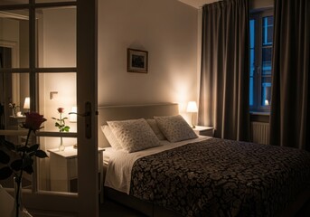 Obraz premium Cozy bedroom with a plush bed bedside tables and elegant curtains illuminated by soft ambient lighting