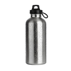 Stainless steel gym water bottle with condensation isolated on transparent background